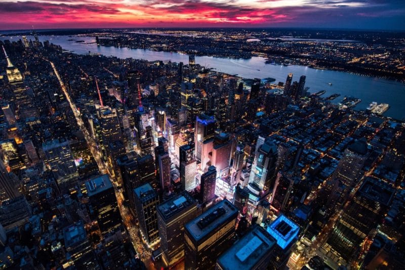 an aerial shot of Times Square at night
