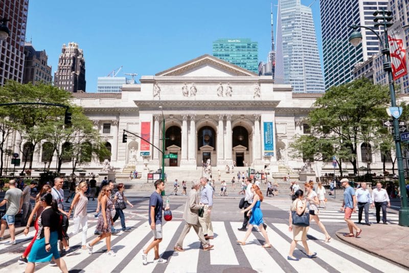 Front view of the New York Public Library, the Stephen A Schwarzman building.